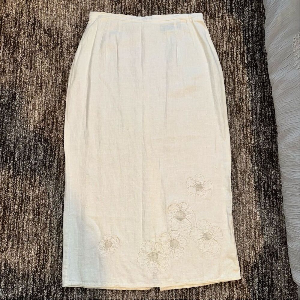 Harve Bernard Women's Size 12 Ivory Cream‎ Floral 100% Linen Maxi Pencil Skirt